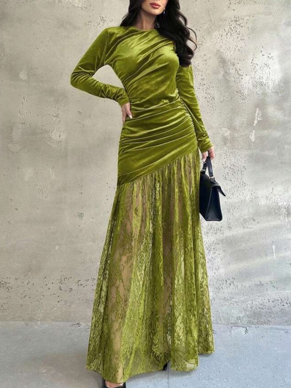 Elegant Olive Green Lace & Velvet Maxi Dress